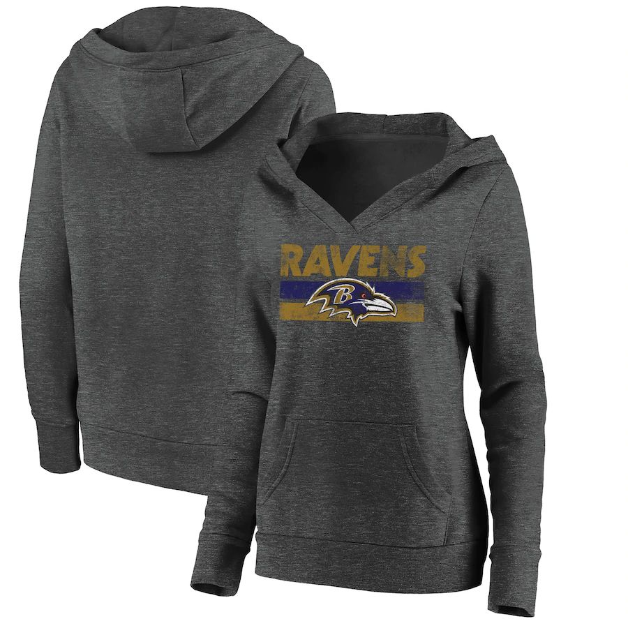 Women Baltimore Ravens Fanatics Branded Heathered Charcoal First String V-Neck Pullover Hoodie